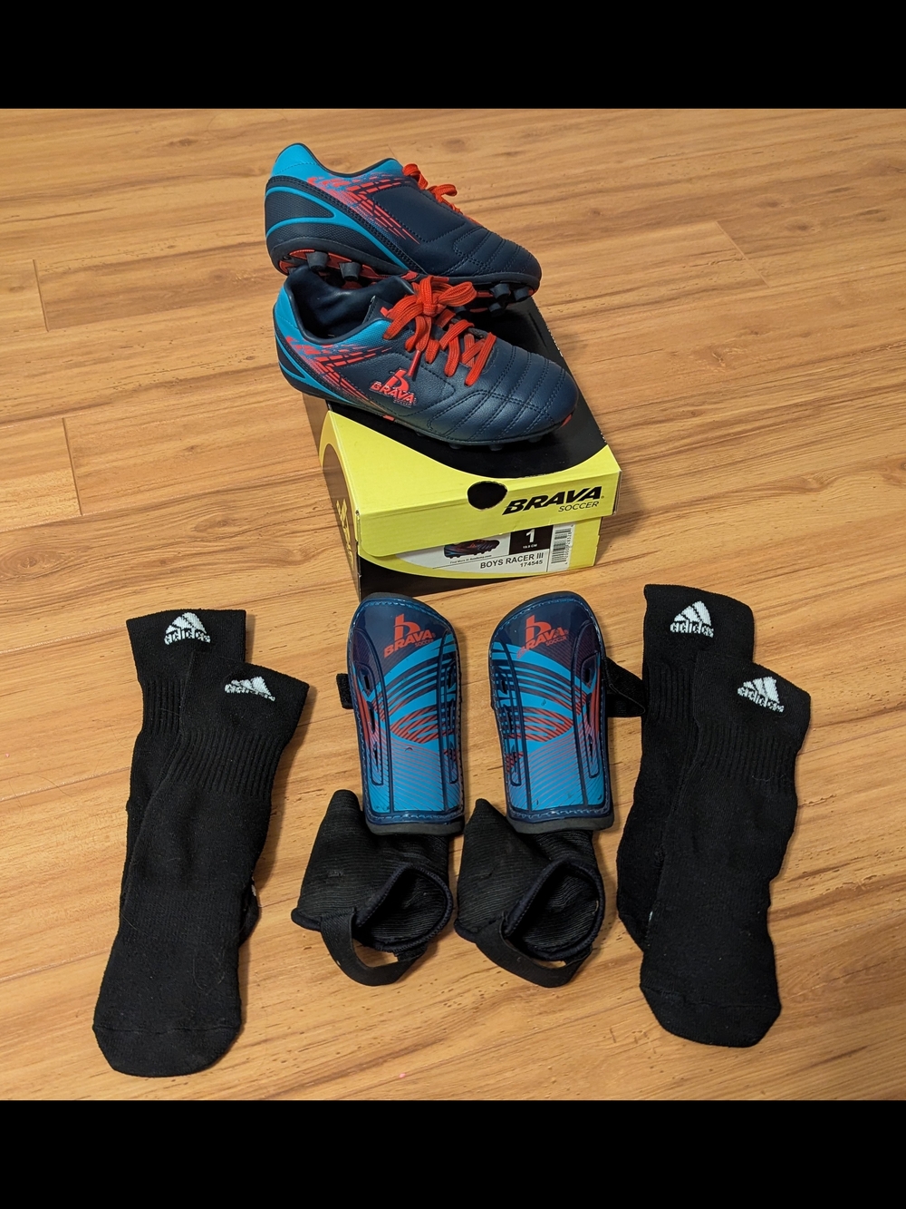 Brava Boys' Soccer Cleats, Brava Shin Guards, & 2 Pair Adidas Socks
